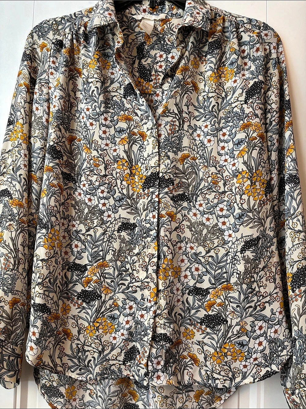 H&M Floral Button Down Blouse in White & Orange US 2